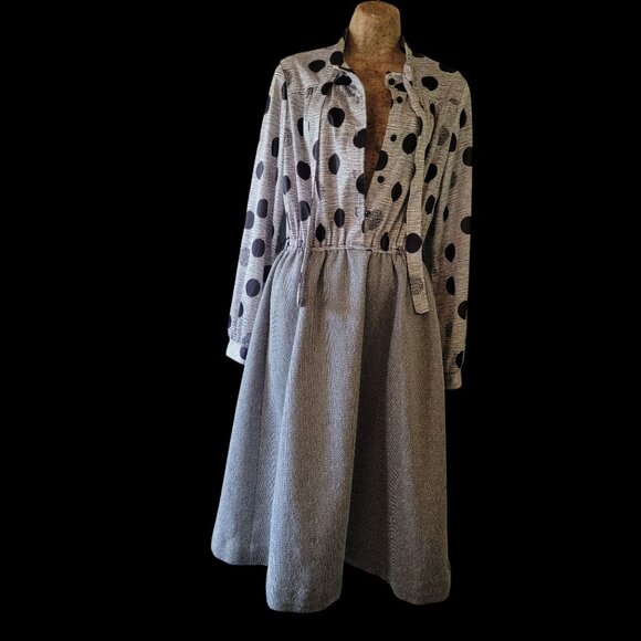 Vintage 80s 90s Black & Gray  Polka Dot Dress With Bow Collar & Elastic Waist - Picture 7 of 13